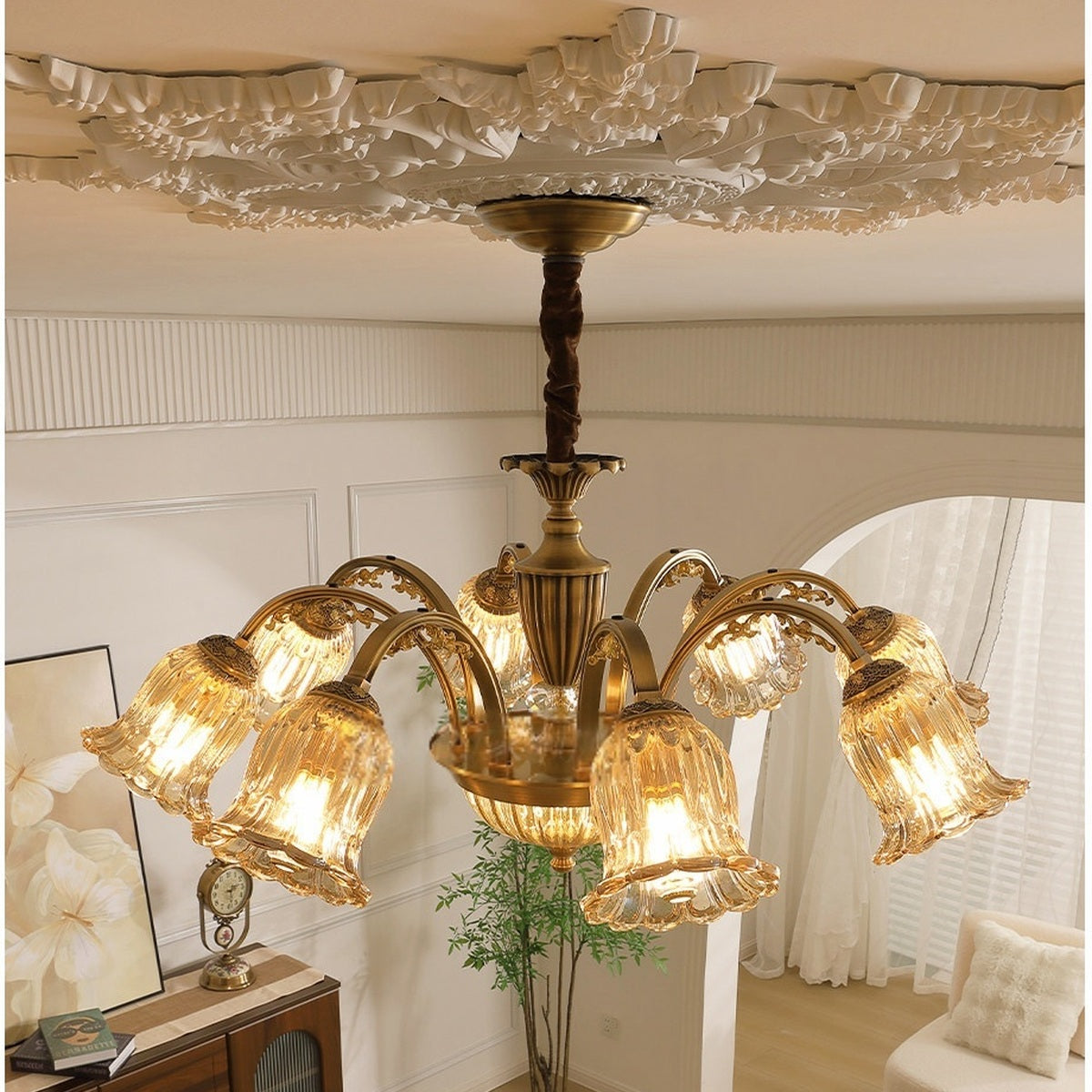 Vintage Brass Floral crystal Chandelier