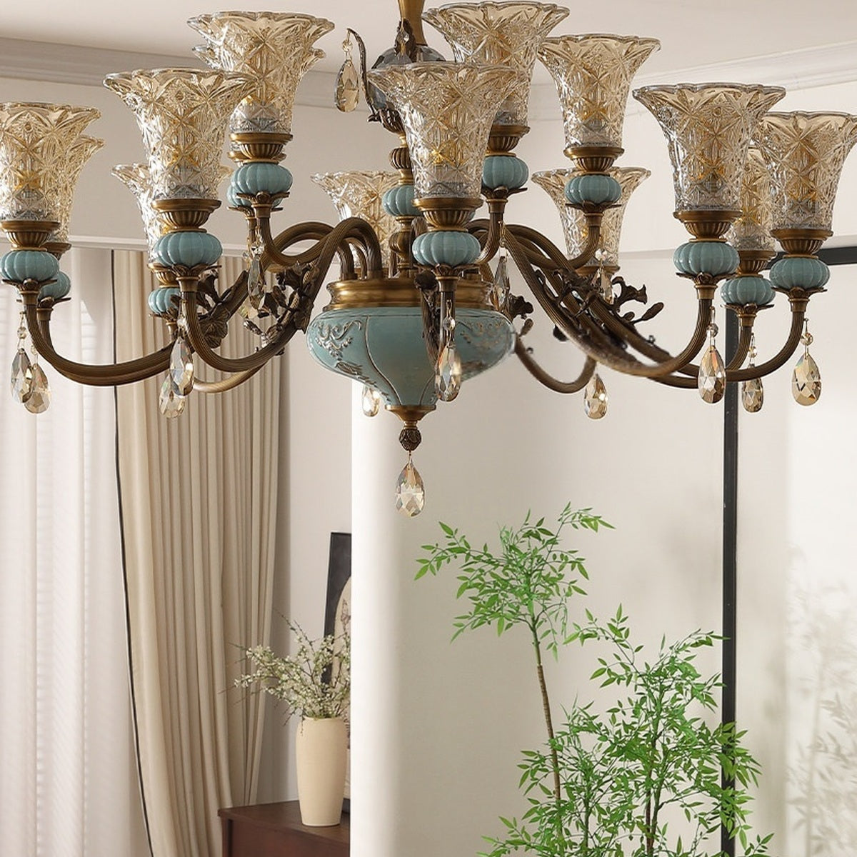 Blue Glazed Ceramic Two-Tier Chandelier