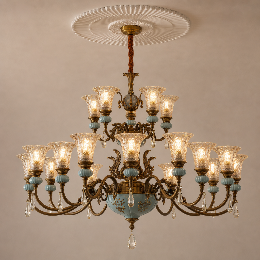 
Blue Glazed Ceramic Two-Tier Chandelier