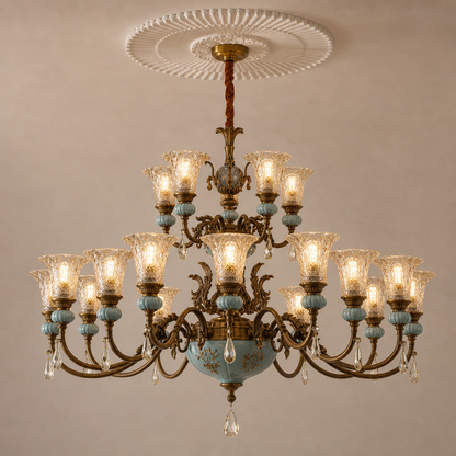Blue Glazed Ceramic Two-Tier Chandelier