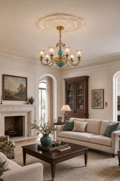 Turquoise Blue Ceramic Brass Chandelier