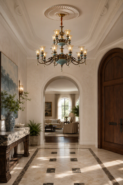 Blue Glazed Ceramic Two-Tier Chandelier
