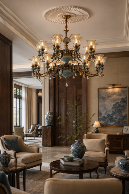 Blue Glazed Ceramic Two-Tier Chandelier
