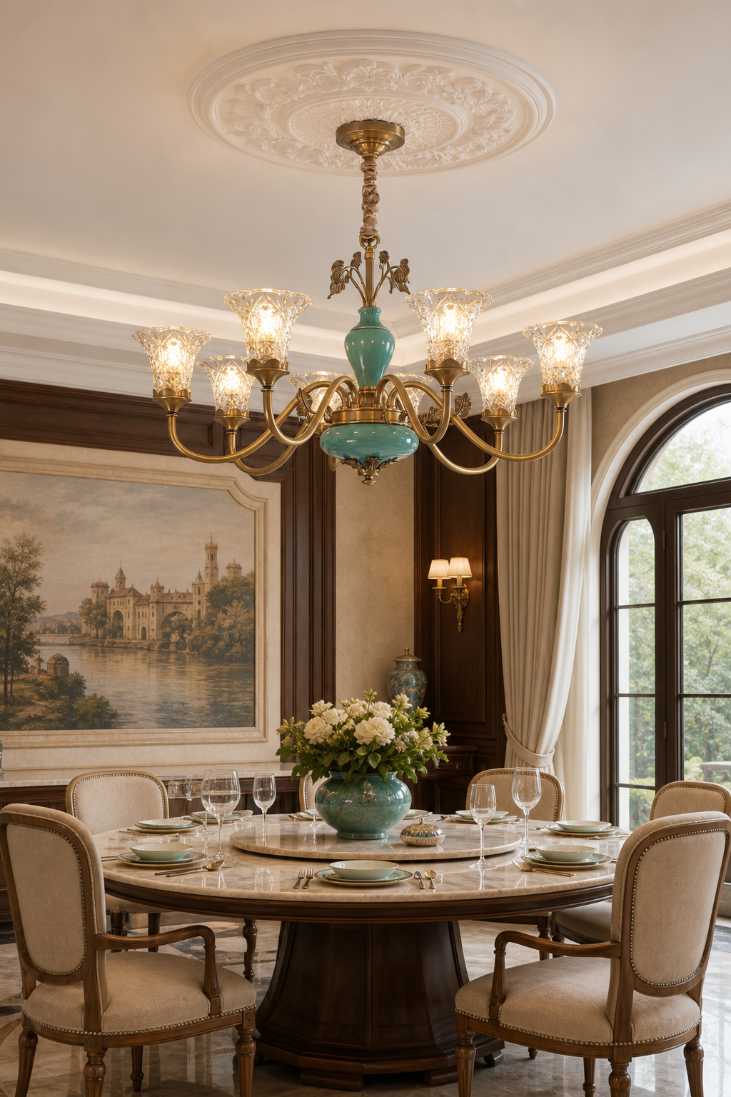 
Turquoise Blue Ceramic Brass Chandelier