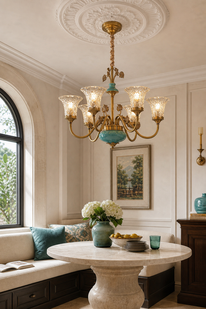 Turquoise Blue Ceramic Brass Chandelier