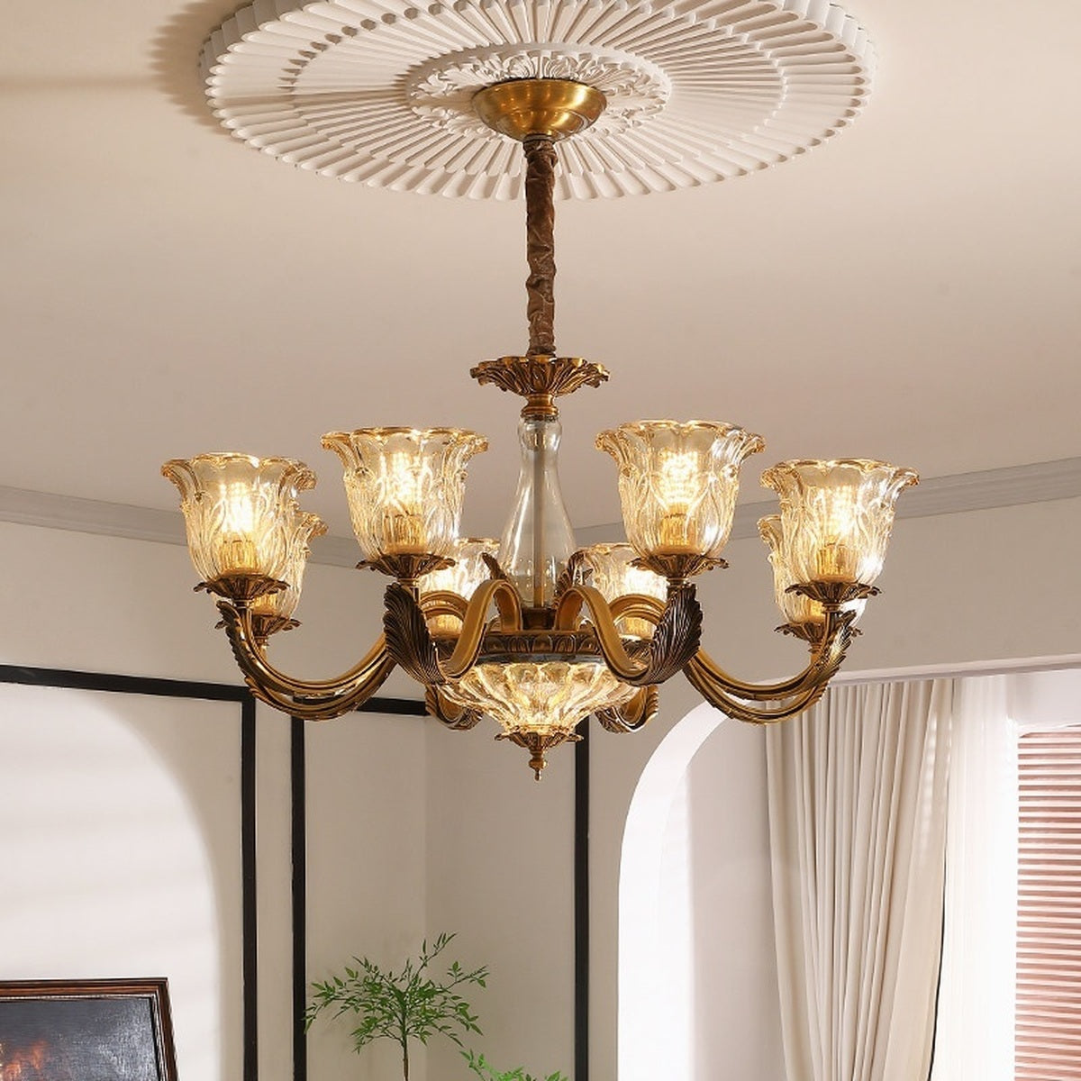 
Antique Brass Fluted Glass Chandelier