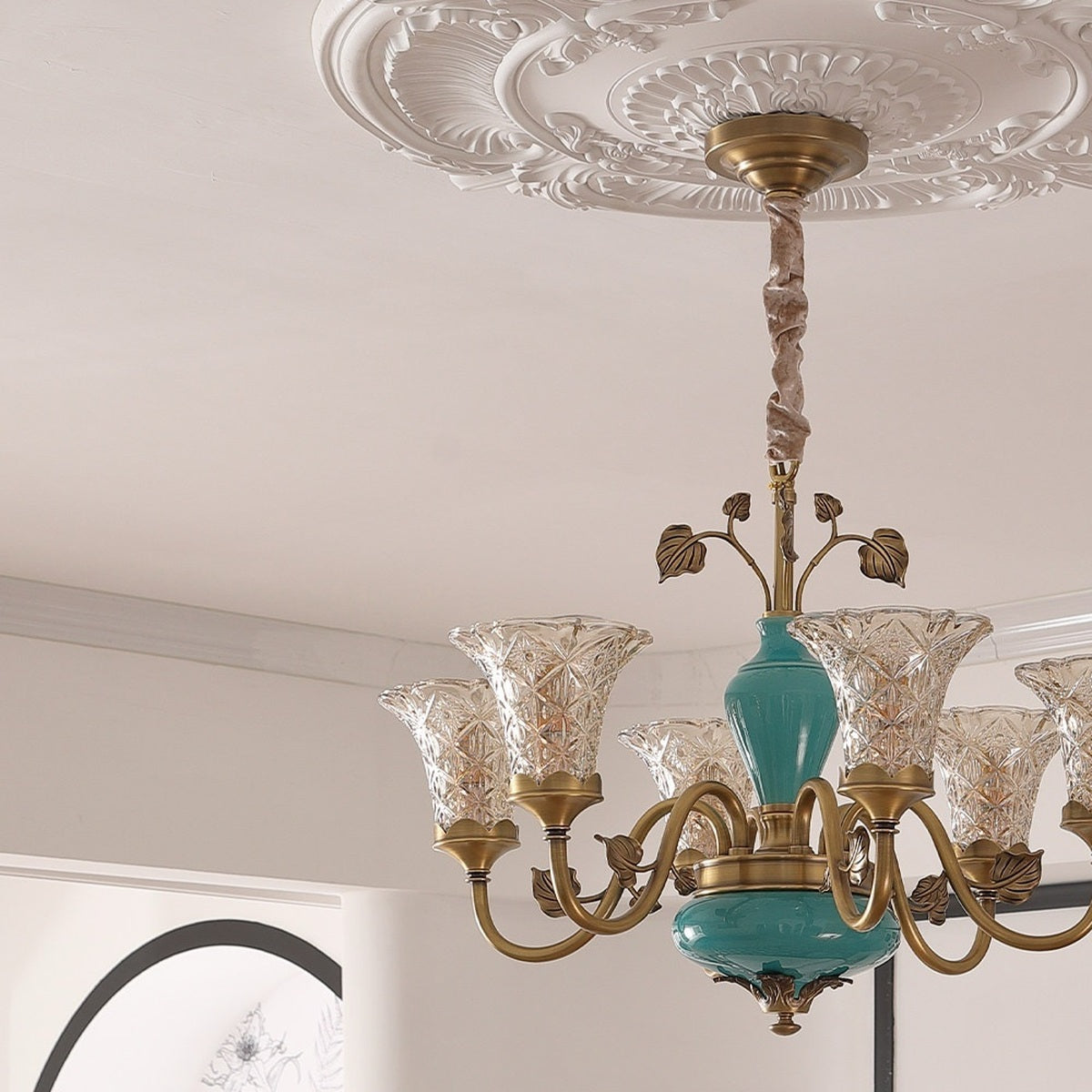 
Turquoise Blue Ceramic Brass Chandelier